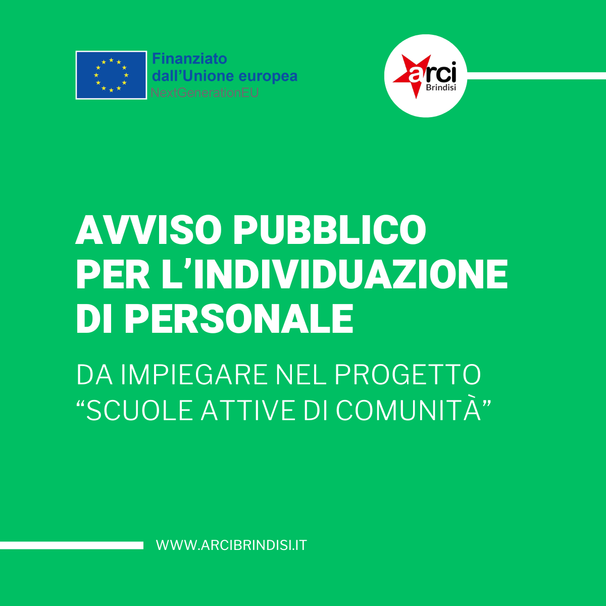 Avviso pubblico per l’individuazione di personale da impiegare nel progetto “Scuole attive di comunità”